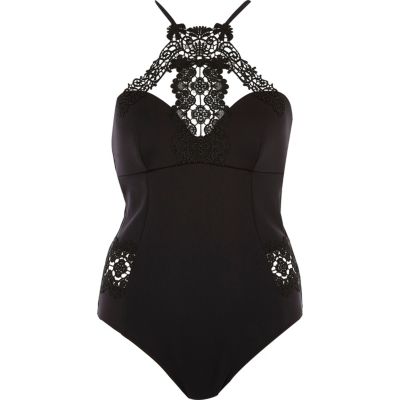 Black lace strappy back swimsuit